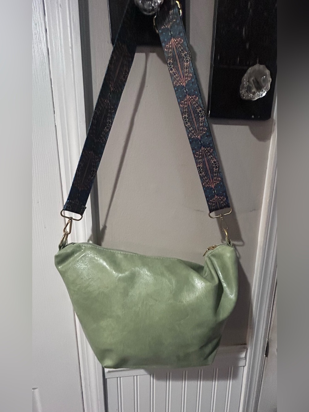 Sage Green Crossbody Bag with Patterned Strap